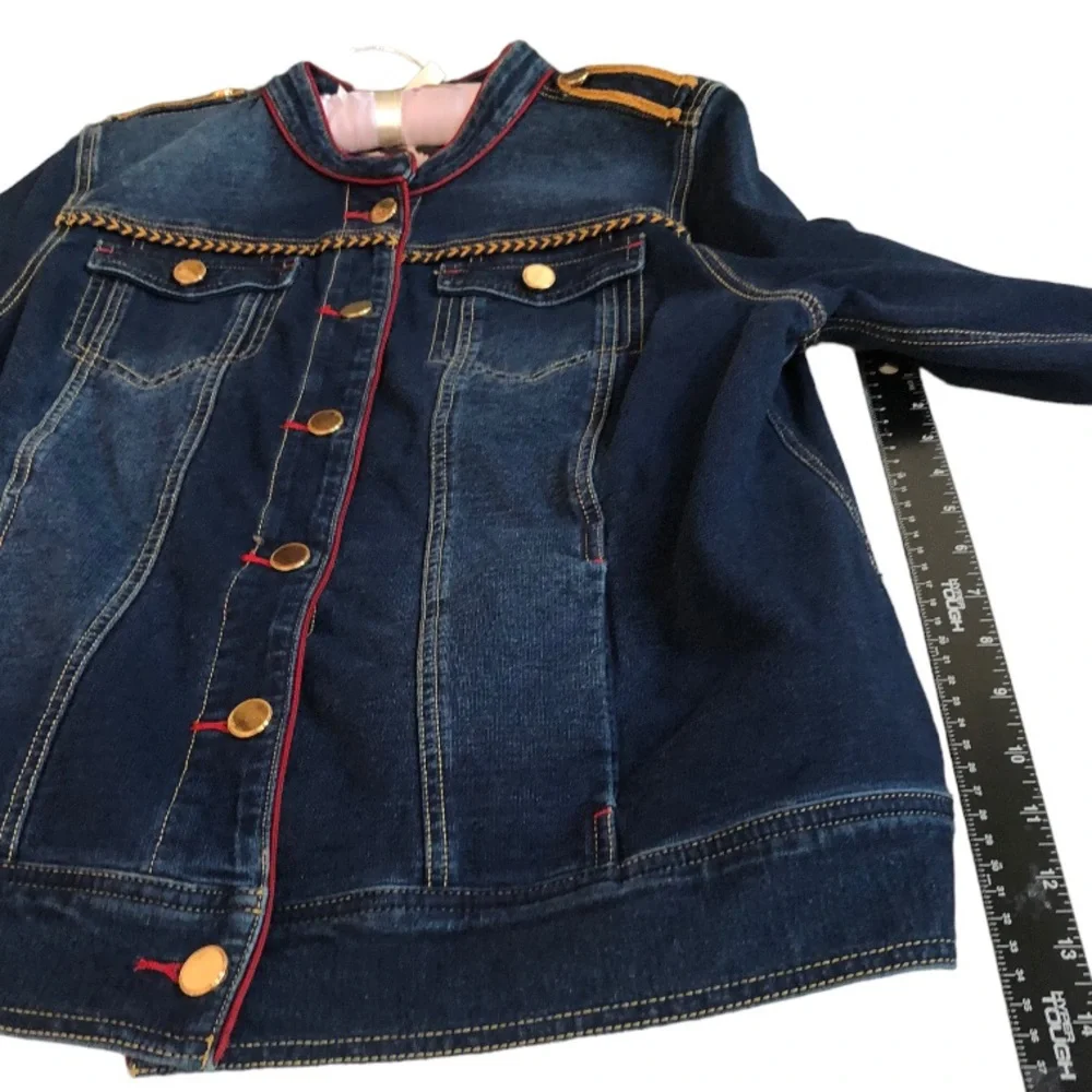 Chico’s size 10-12 denim military jacket stretch gold detail oversized - Picture 4 of 14